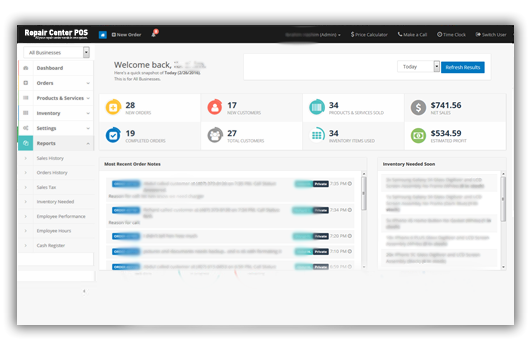 RepairCenterPOS business dashboard with KPIs, sales tracking, and employee leaderboards