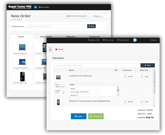 RepairCenterPOS order management dashboard showing the point of sale interface
